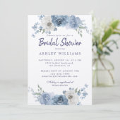 Chic Dusty Blue Ivory Rose Brautparty Einladung (Stehend Vorderseite)