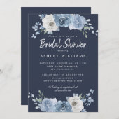 Chic Dusty Blue Ivory Rose Dark Blue Brautparty Einladung (Vorne/Hinten)