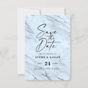 Chic Dusty Blue Marmor mit Details zum grauen Foil Save The Date