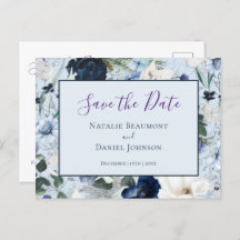 Chic Dusty Blue Navy Floral Save the Date