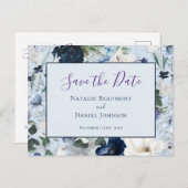 Chic Dusty Blue Navy Floral Save the Date Ankündigungspostkarte (Vorne/Hinten)