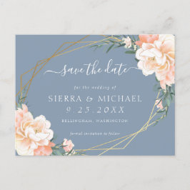 Chic Dusty Blue Peach Gold Floral Save the Date Ankündigungspostkarte