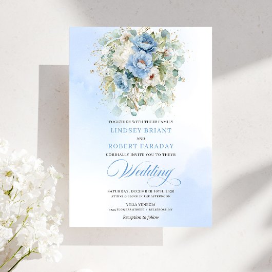 Chic Dusty Blue Peony Botanical Gold Wedding Invit Einladung