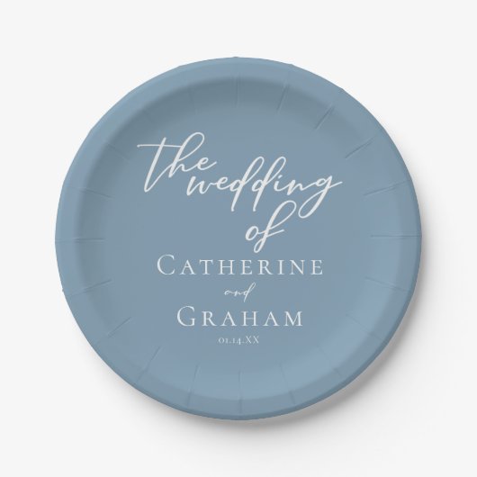 Chic Dusty Blue Personalisiert Coastal Wedding Pappteller (Vorderseite)