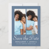 Chic Dusty Blue Script Foto Wedding Save the Date (Vorderseite)