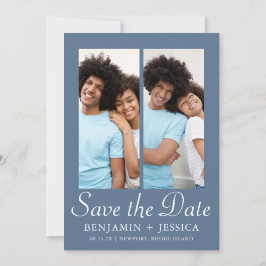 Chic Dusty Blue Script Foto Wedding Save the Date (Vorderseite)