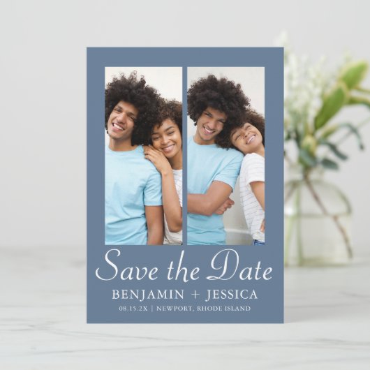 Chic Dusty Blue Script Foto Wedding Save the Date (Stehend Vorderseite)