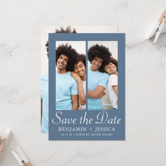 Chic Dusty Blue Script Foto Wedding Save the Date (Vorderseite/Rückseite Beispiel)