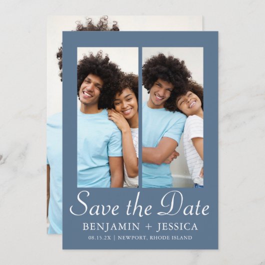Chic Dusty Blue Script Foto Wedding Save the Date (Vorne/Hinten)