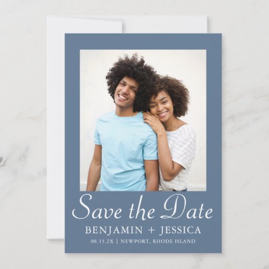 Chic Dusty Blue Script Foto Wedding Save the Date (Vorderseite)