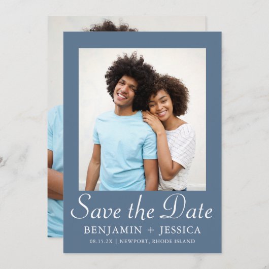 Chic Dusty Blue Script Foto Wedding Save the Date (Vorne/Hinten)