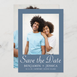 Chic Dusty Blue Script Foto Wedding Save the Date
