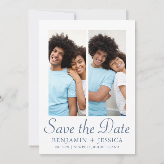 Chic Dusty Blue Script Foto Wedding Save the Date (Vorderseite)