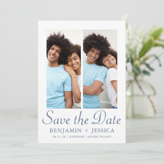 Chic Dusty Blue Script Foto Wedding Save the Date (Stehend Vorderseite)