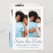 Chic Dusty Blue Script Foto Wedding Save the Date (Vorne/Hinten)