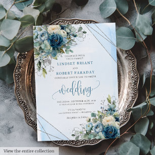 Chic Dusty Blue Silver Rose Hochzeit Einladung