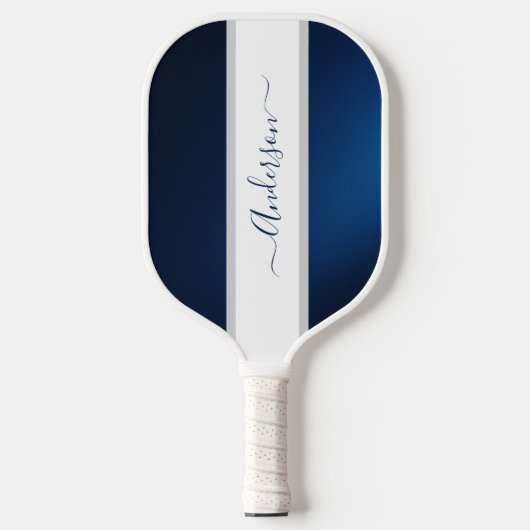 Chic Dusty Blue Streifen Monogramm Name Pickleball Schläger (Vorderseite)