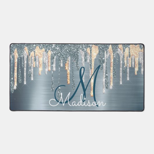 Chic dusty Blue Tropf Monogramm Schreibtischunterlage (Vorderseite)