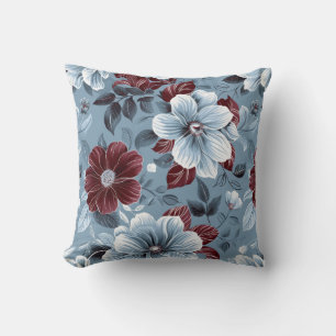 Chic Dusty Blue und Burgundy Blumenwirbel Kissen