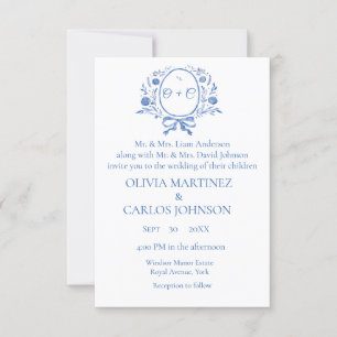 Chic Dusty Blue Wappen Monogram Einladung
