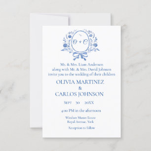 Chic Dusty Blue Wappen Monogram Einladung
