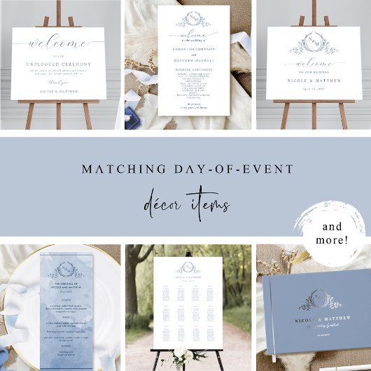 Chic Dusty Blue Watercolor Frame Wedding Program