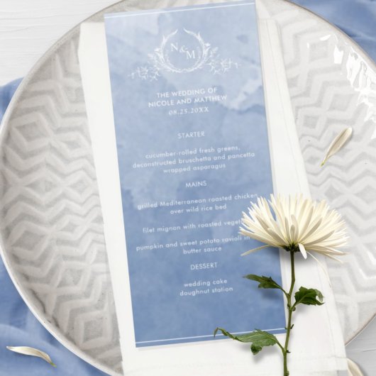 Chic Dusty Blue Watercolor, Monogram Wedding Menu Menükarte