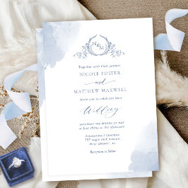 Chic Dusty Blue Watercolor Stains Monogram Wedding Einladung