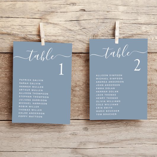 Chic Dusty Blue Wedding Table Chart Card Karte