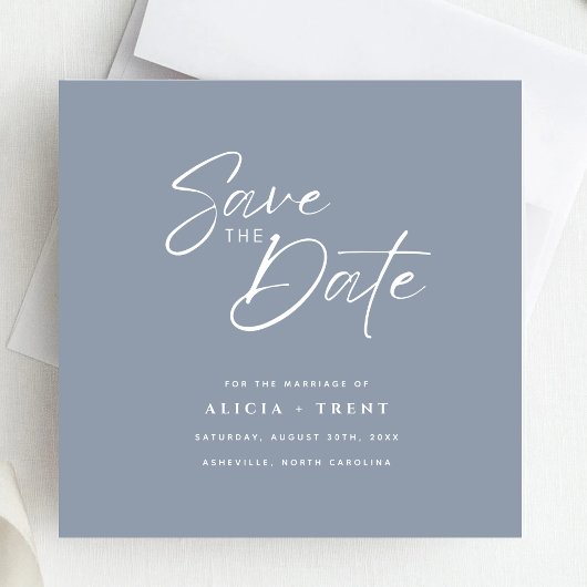 Chic Dusty Blue & White Calligraphy Save the Date Einladung