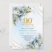 Chic Dusty Blue White Flowers 90th Birthday Invite Einladung (Vorderseite)
