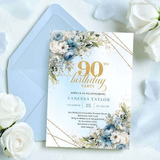 Chic Dusty Blue White Flowers 90th Birthday Invite Einladung