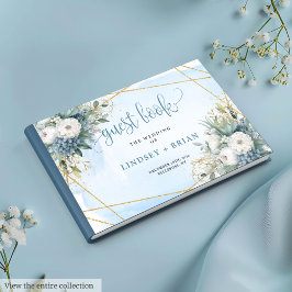 Chic Dusty Blue White Gold Floral Gästebuch
