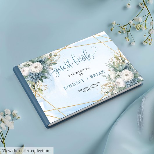 Chic Dusty Blue White Gold Floral Gästebuch