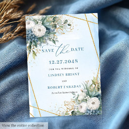 Chic Dusty Blue White Gold Floral Save the Date Einladung