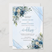 Chic Dusty Blue White Roses Silver Wedites Einladu Einladung (Vorderseite)