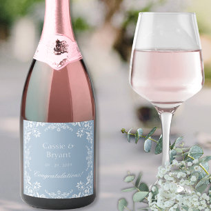 Chic Dusty Blue & White Stylish Wedding Champagne Schaumweinetikett
