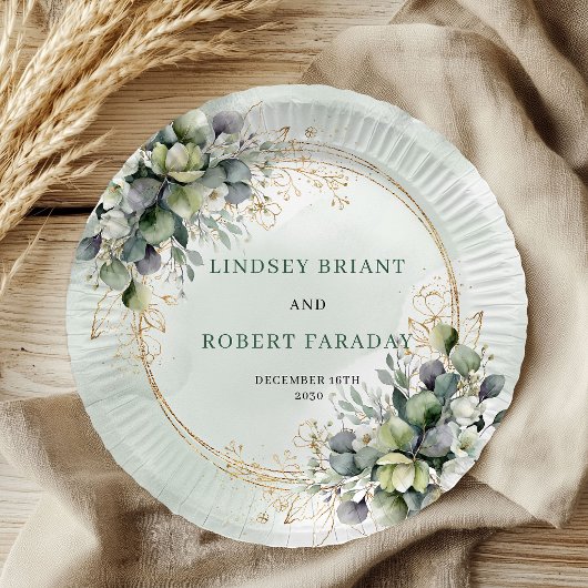 Chic Dusty Green Botanische Hochzeitspapierteller Pappteller