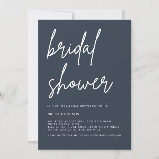 Chic Dusty Navy Modern Bridal Shower Invitation Einladung (Vorderseite)