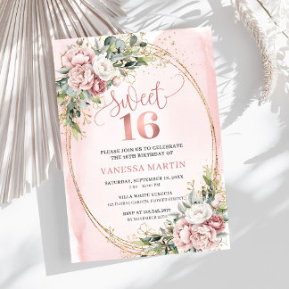 Chic Dusty Pink Blumen Eukalyptus 16. Geburtstag Einladung