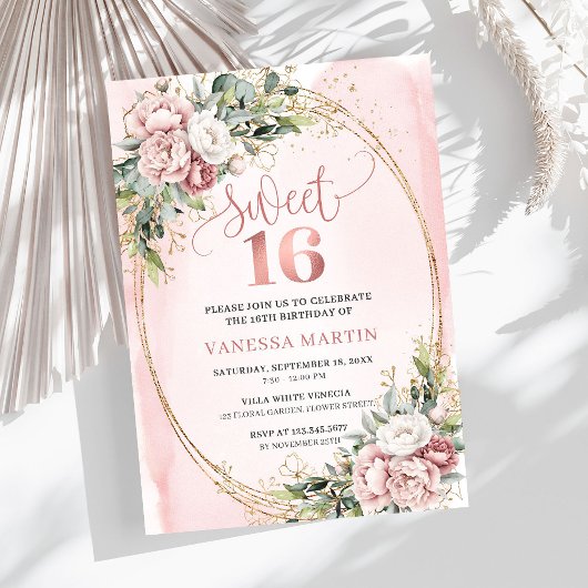 Chic Dusty Pink Blumen Eukalyptus 16. Geburtstag Einladung