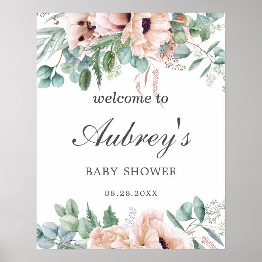 Chic Dusty Pink Blush Blues Baby Dusche Willkommen Poster (Vorne)