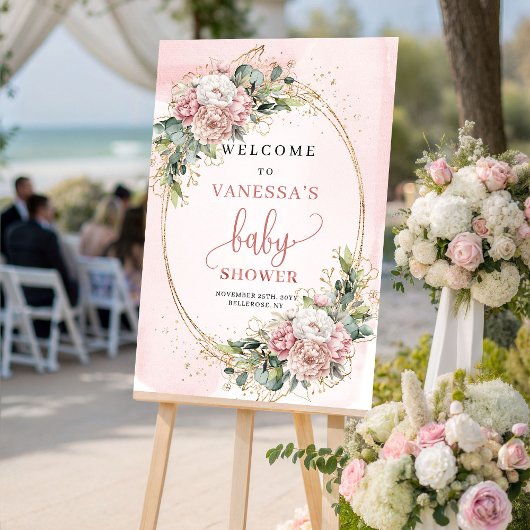Chic Dusty Pink Floral Baby Shower Welcome Sign Poster