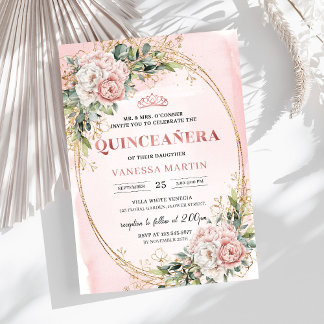 Chic Dusty Pink Floral Eucalyptus Quince Invites Einladung