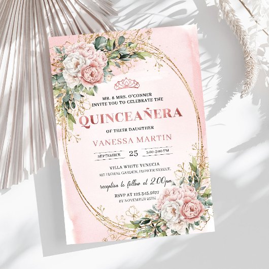 Chic Dusty Pink Floral Eucalyptus Quince Invites Einladung