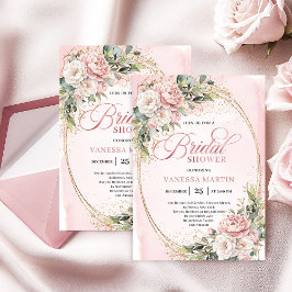 Chic Dusty Pink Floral Gold Glitter Bridal Shower Einladung