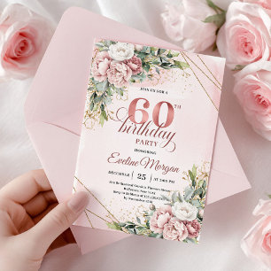 Chic Dusty Pink Floral Watercolor 60. Geburtstag   Einladung