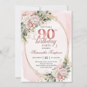 Chic Dusty Pink Gold Eucalyptus 90th Birthday  Einladung (Vorderseite)