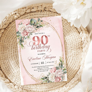 Chic Dusty Pink Gold Eukalyptus 90. Geburtstag Einladung