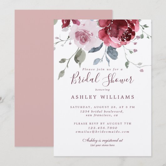 Chic Dusty Pink Rose Burgundy Brautparty Einladung (Vorne/Hinten)